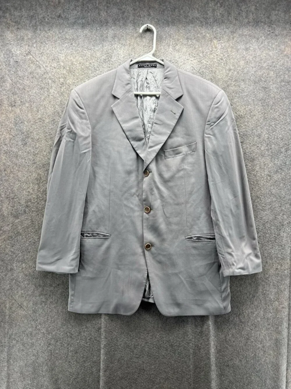 Vintage Hugo Boss Blazer Mens 42R Gray Wool Solid Sport Coat Jacket Made USA